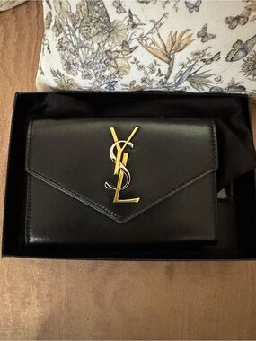 Saint Laurent Black Leather Envelope Clutch with Gold YSL Logo